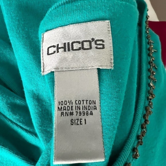 Chicos Beaded Longsleeve V Neck Top Teal Blue Size 1 US 8 - Picture 6 of 6